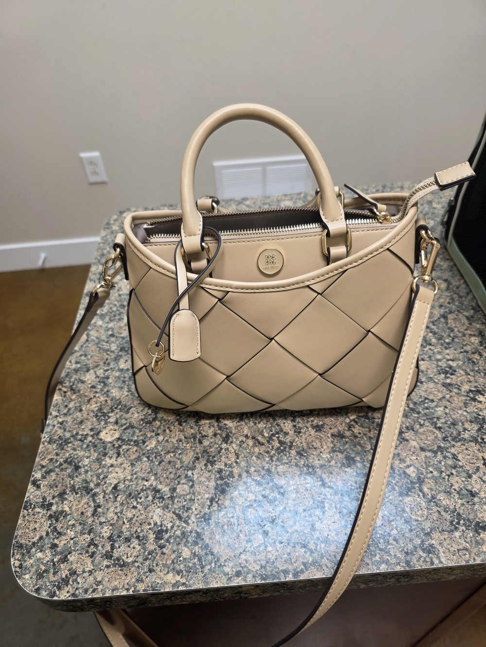 Nine West Beige Quilted Leather Satchel